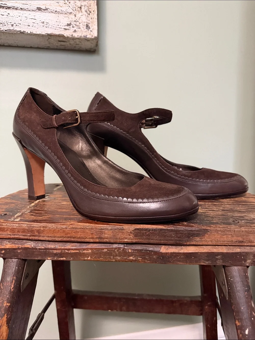 Cole Haan Dark Brown Suede & Leather Scallop Trim Mary Jane Heels